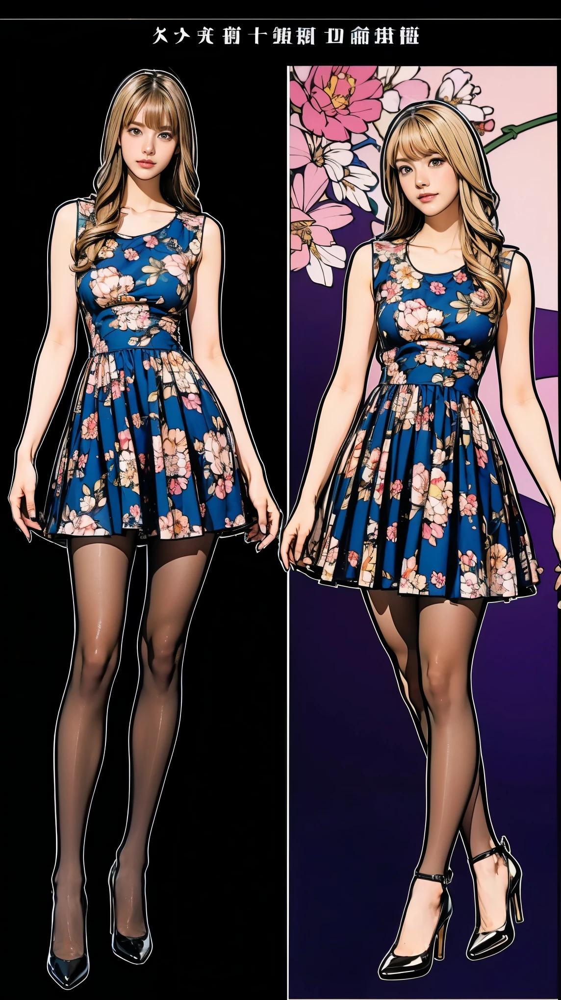 ((masterpiece)),(((Highest quality))),((Character design sheet)),Thin thighs,Long legs,whole body:1.5,(One Girl:1.3),(Black pantyhose and thick pointy heels:1.3),(Wearing a floral dress:1.2),Short Blonde:1.2、Model pose,
