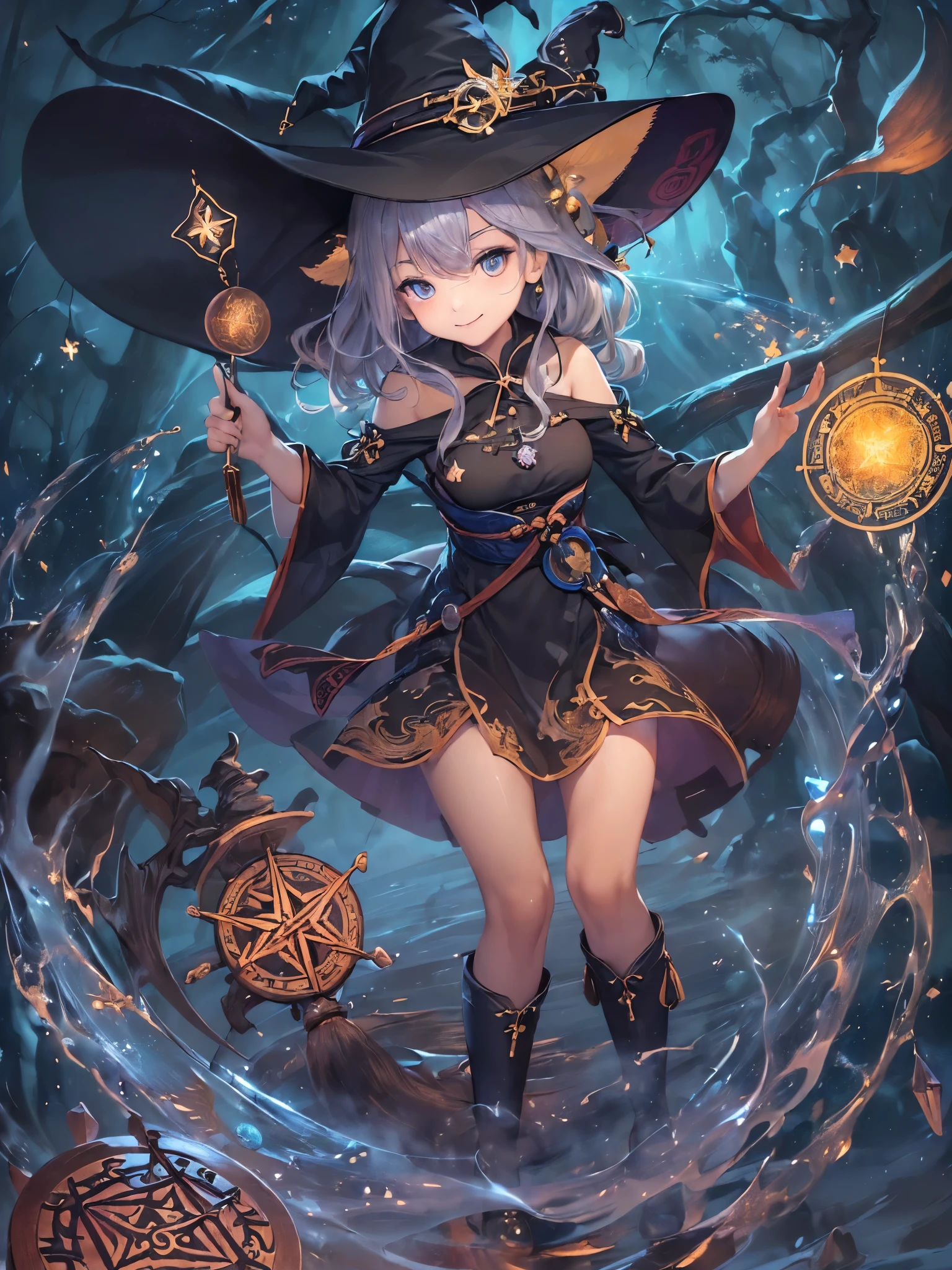 ((Highest quality)),(Ultra-high resolution),(Ultra-detailed new),(Detailed Description),((The best CG)),(masterpiece),Highly detailed art,A wonderful new art form,(Art with precise details:1.5), (witch:1.8),(緻密で詳細に描写されたwitch服:1.7),(High leg:1.6),(smile:1.4),(Side boob:1.9),(精巧に作り込まれたwitchの杖:1.6, crystal:1.6),((Dynamic Pose:1.5)), (Frozen Magic Circle:1.7),Overwhelming destructive power:1.5, Fantasy:1.6,
