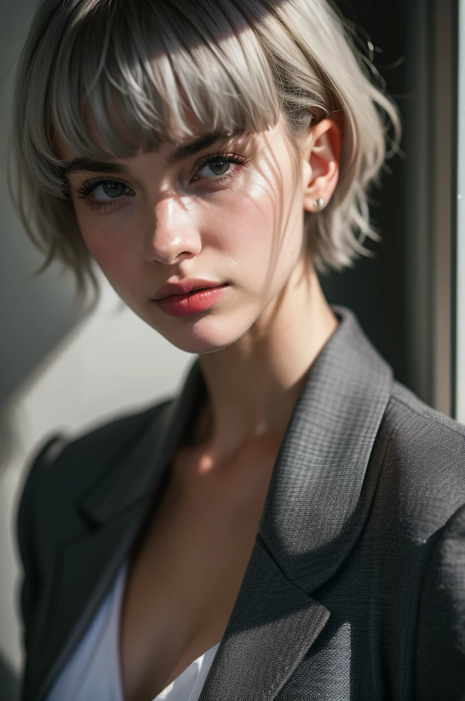 Instagram Photos, French woman, 21 years old, square hair cut,Gray hair, Close-up portrait, Jacket,shirt, Neckline, pale, Sharp Shadow