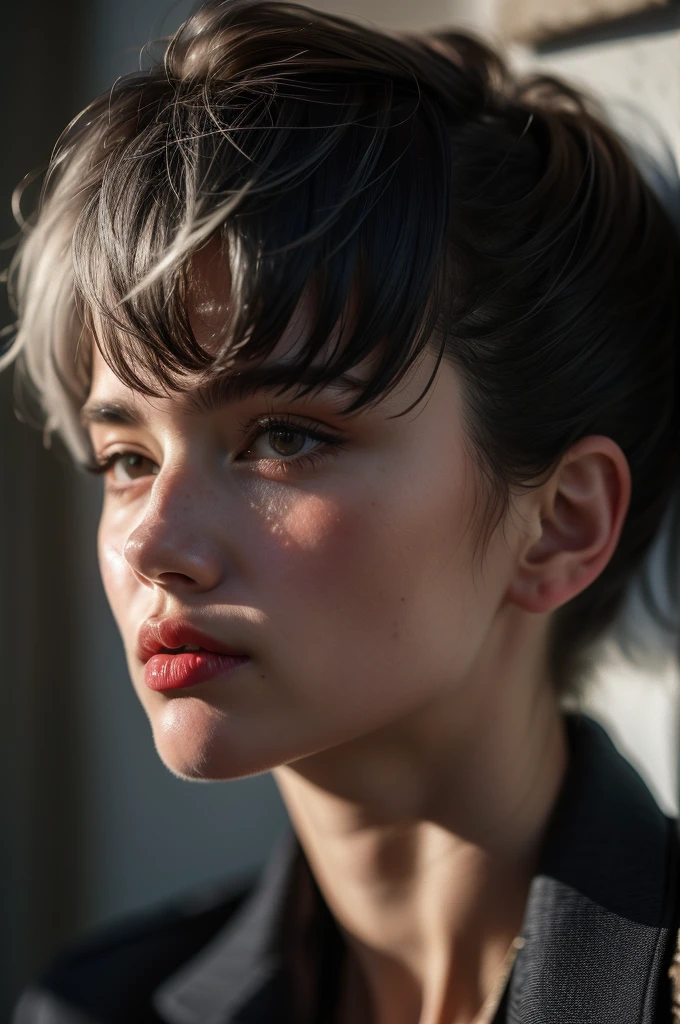 Instagram Photos, French woman, 21 years old, square hair cut,Gray hair, Close-up portrait, Jacket,shirt, Neckline, pale, Sharp Shadow