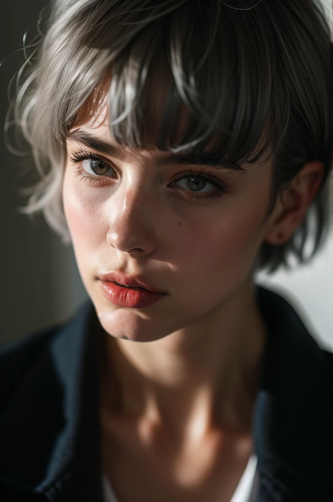 Instagram Photos, French woman, 21 years old, square hair cut,Gray hair, Close-up portrait, Jacket,shirt, Neckline, pale, Sharp Shadow