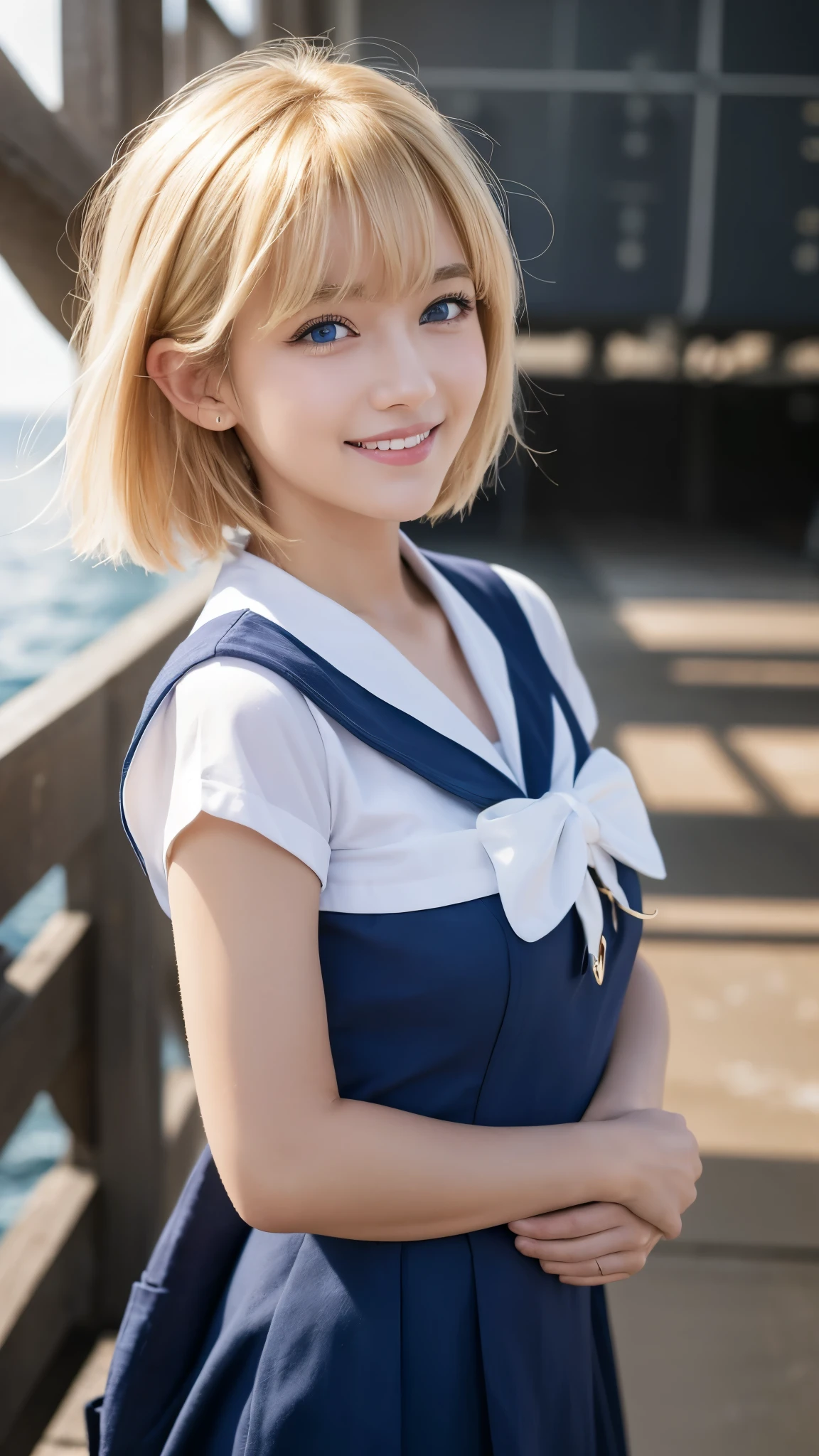 {{masterpiece, Highest quality, Highly detailed CG, unity 8k wallpaper, Cinema Lighting, }}, Sony a7, Wide Frame, South Pacific, During the war with Asian countries, Winds blowing on the Aegis ship, 1 Girl, whole body, smile, She is a US Navy sailor., White people, 20-year-old, smile, Blonde, Short Bob, blue eyes , Long eyelashes ,