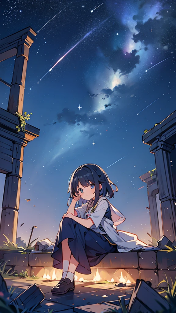girl、Night Sky、shooting star、ruins、Sitting、Larger background、