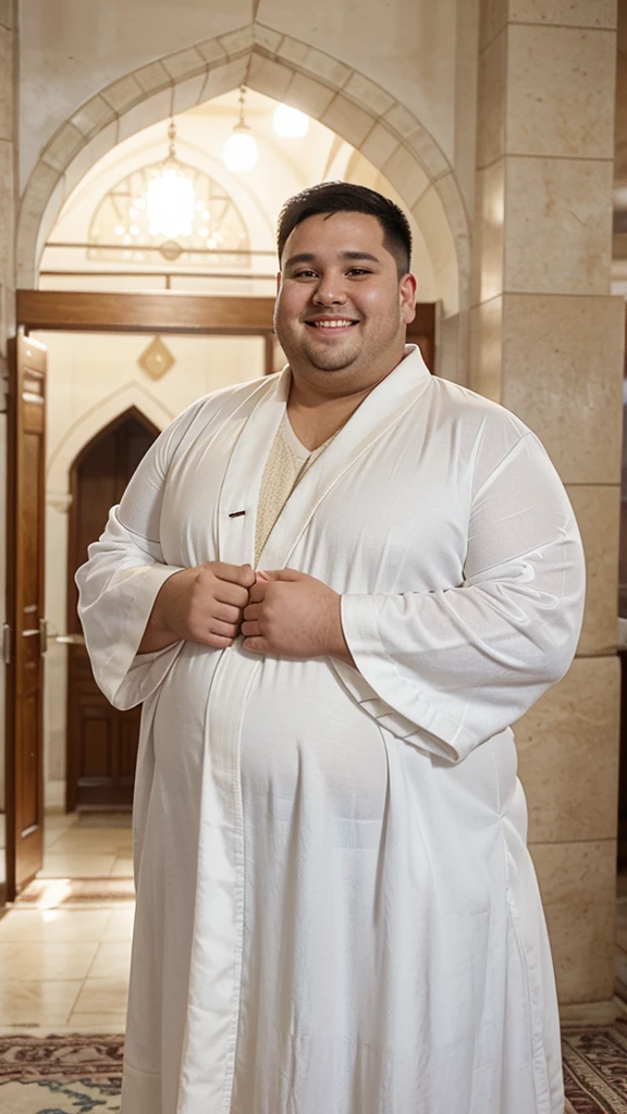 A chubby man, oval face, wearing a white robe, is in a mosque, with an aesthetic view, clear white lighting, is standing, smiling 