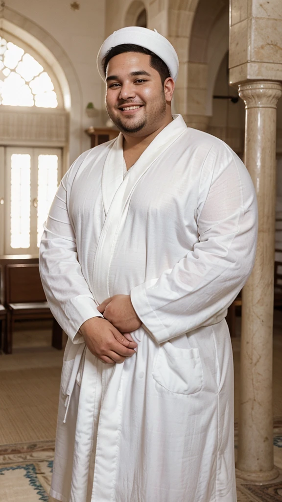 A chubby man, oval face, wearing a white robe, is in a mosque, with an aesthetic view, clear white lighting, is standing, smiling