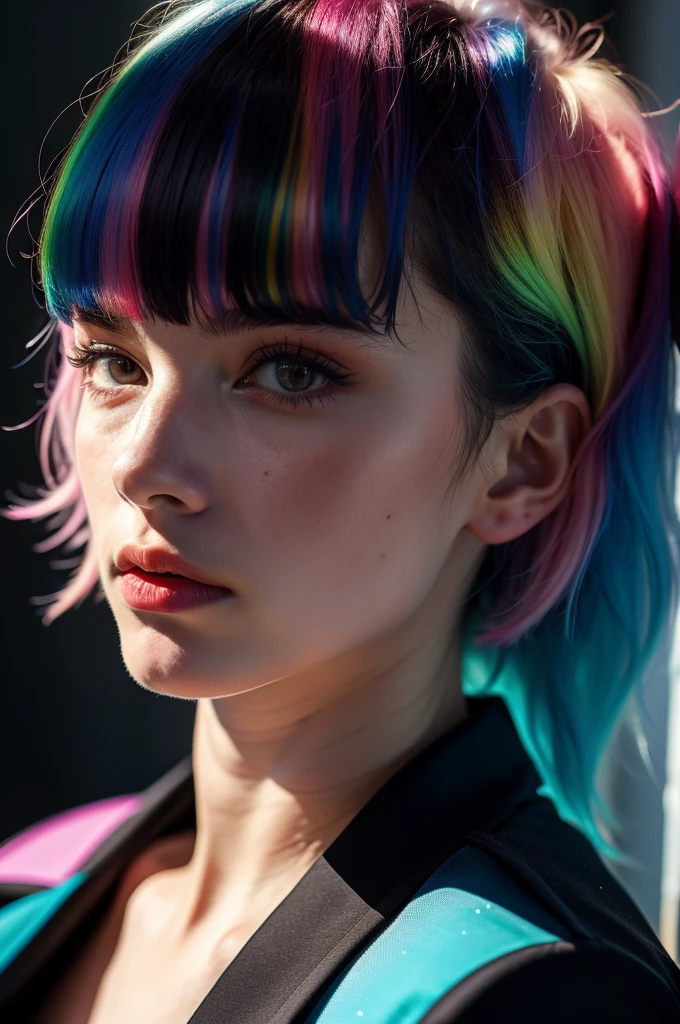 Instagram Photos, French woman, 21 years old, square hair cut,Rainbow Hair, Close-up portrait, Jacket,shirt, Neckline, pale, Sharp Shadow