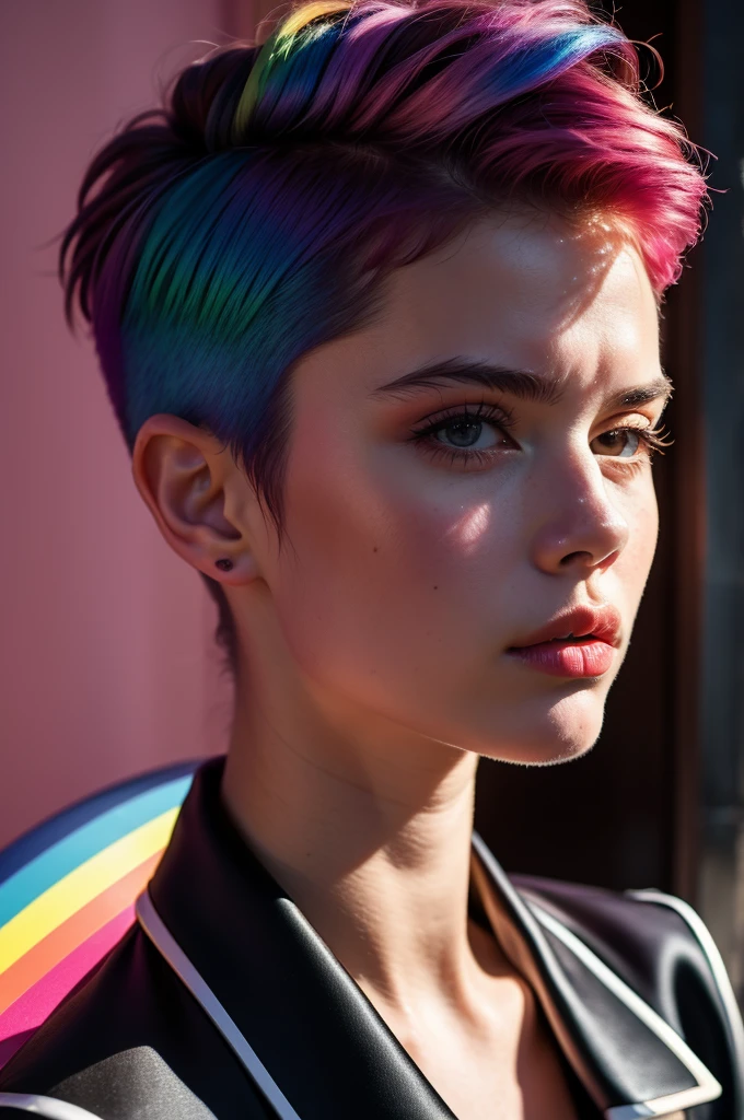 Instagram Photos, French woman, 21 years old, square hair cut,Rainbow Hair, Close-up portrait, Jacket,shirt, Neckline, pale, Sharp Shadow