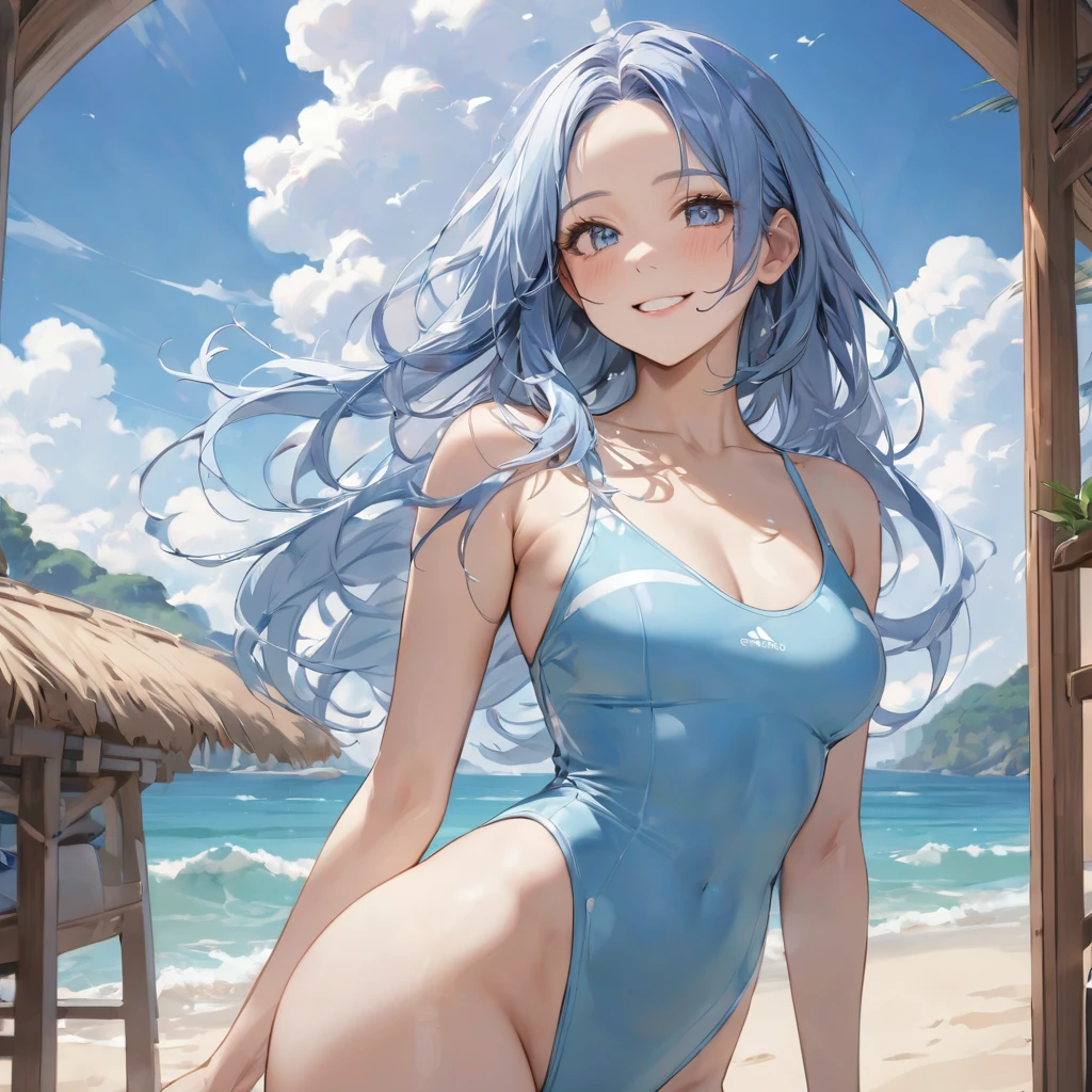 (Swimming in the sea style) (in a cute Marine blue one piece swimsuit), (dynamic pose) (15 yo, solo:2 forehead blue hair long hair lovely girl, cute blue eyes, ecstasy love smile), break, in the beautiful Sandy Beach, background beautiful ocean), BREAK, perfect anatomy, masterpiece, best quality, 16k, beautiful detailed grow, daydreaming expression.