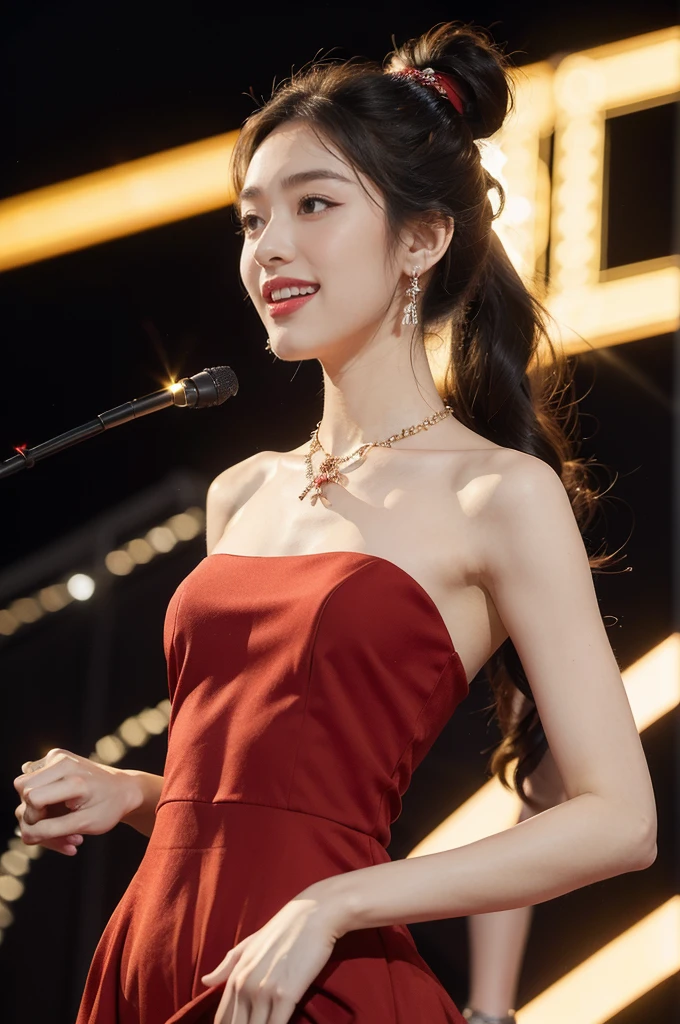 (((best quality))),(((ultra detailed))),(((masterpiece))),illustration, 1girl,singer,solo,short ponytail,open mouth,laughing,slim,thin,flat chest,small breasts,earrings,necklace,Maxi gorgeous sparkled red gown,slender legs,on the stage, performance, passion, confidence, elegance, lighting effects, decorations, audience, melodious voice, beautiful appearance, captivating performance,standing,upper body,from front