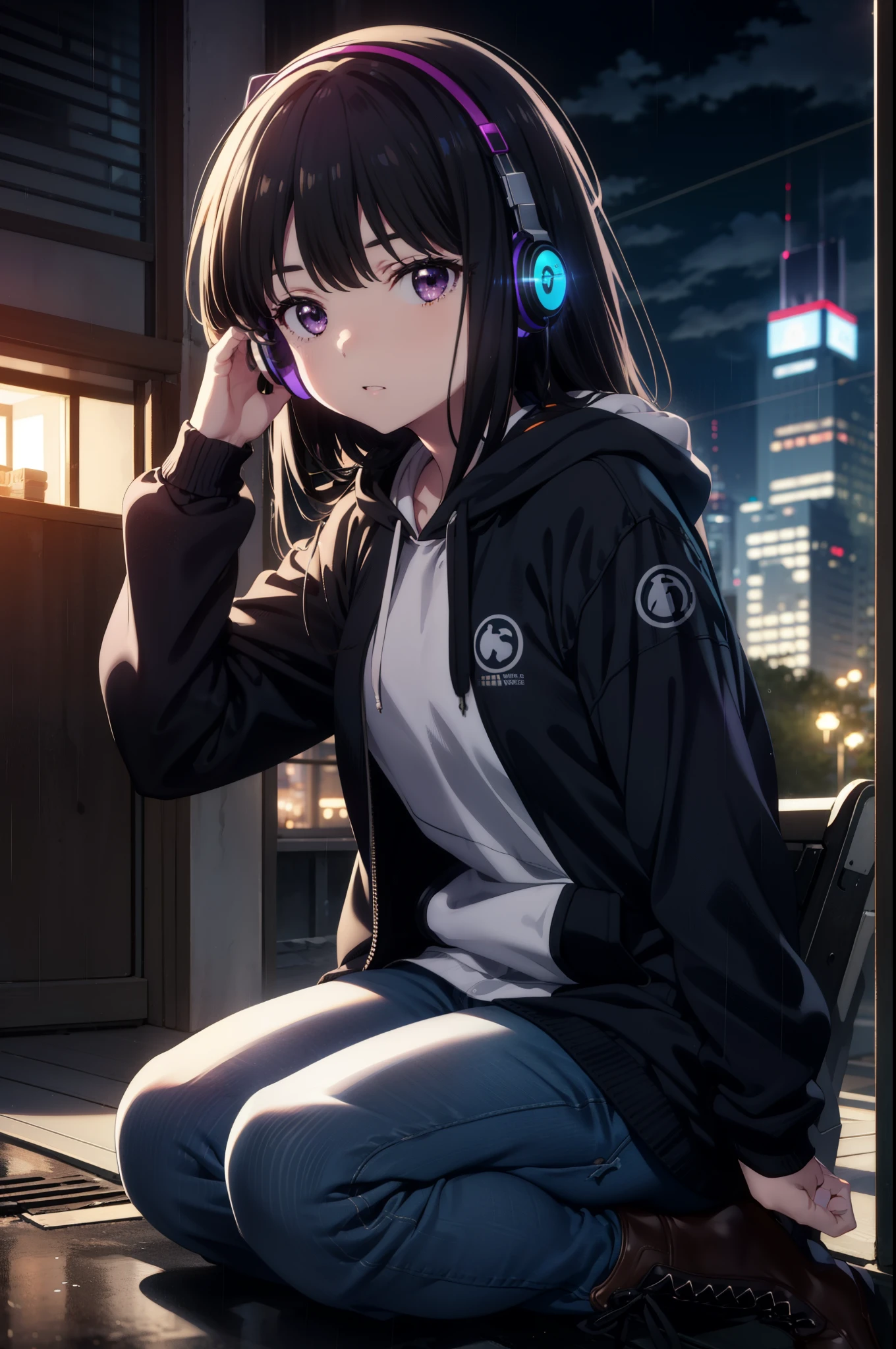 Takiuchikami, Check it out, Long Hair, bangs, Black Hair, (Purple eyes:1.2),Oversized blue hoodie,Wired headphones,jeans,short boots,Sitting on the steps of a building,Hiding in a roofed building,whole bodyがイラストに入るように,rain,cloudy,night,
break outdoors, Building district,
break looking at viewer, whole body,
break (masterpiece:1.2), Highest quality, High resolution, unity 8k wallpaper, (figure:0.8), (Beautiful attention to detail:1.6), Highly detailed face, Perfect lighting, Highly detailed CG, (Perfect hands, Perfect Anatomy),