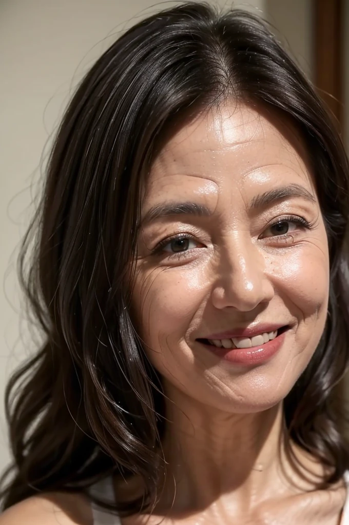 (masterpiece:1.4),(Female, 67 years old:1.4),(facial wrinkles 1.2),smile,Long Wavy Hair,