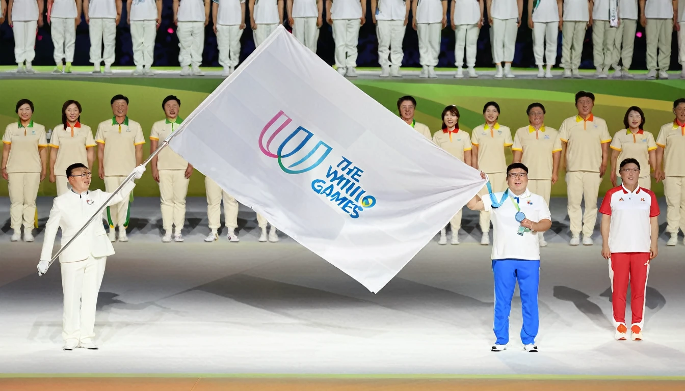 there are two men holding a flag and a woman holding a flag, photo from the olympic games, wei wang, wu liu, olympics ceremony, awarding winning, ji-min, trending ,, woo kim, 2017, 2 0 1 7, the photo shows a large, holding a white flag, 2 0 1 6, 2016, lu ji