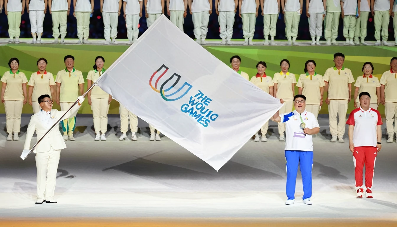 there are two men holding a flag and a woman holding a flag, photo from the olympic games, wei wang, wu liu, olympics ceremony, awarding winning, ji-min, trending ，, woo kim, 2017, 2 0 1 7, the photo shows a large, holding a white flag, 2 0 1 6, 2016, lu ji