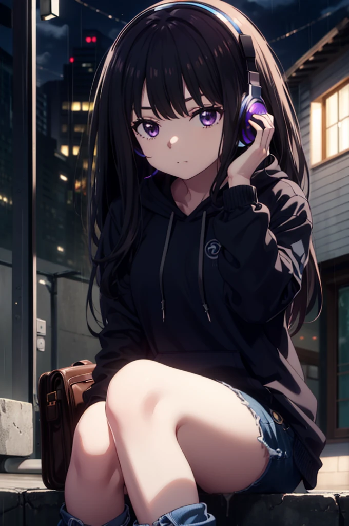 Takiuchikami, Check it out, Long Hair, bangs, Black Hair, (Purple eyes:1.2),Oversized blue hoodie,Wired headphones,jeans,short boots,Sitting on the steps of a building,Hiding in a roofed building,whole bodyがイラストに入るように,rain,cloudy,night,
break outdoors, Building district,
break looking at viewer, whole body,
break (masterpiece:1.2), Highest quality, High resolution, unity 8k wallpaper, (figure:0.8), (Beautiful attention to detail:1.6), Highly detailed face, Perfect lighting, Highly detailed CG, (Perfect hands, Perfect Anatomy),