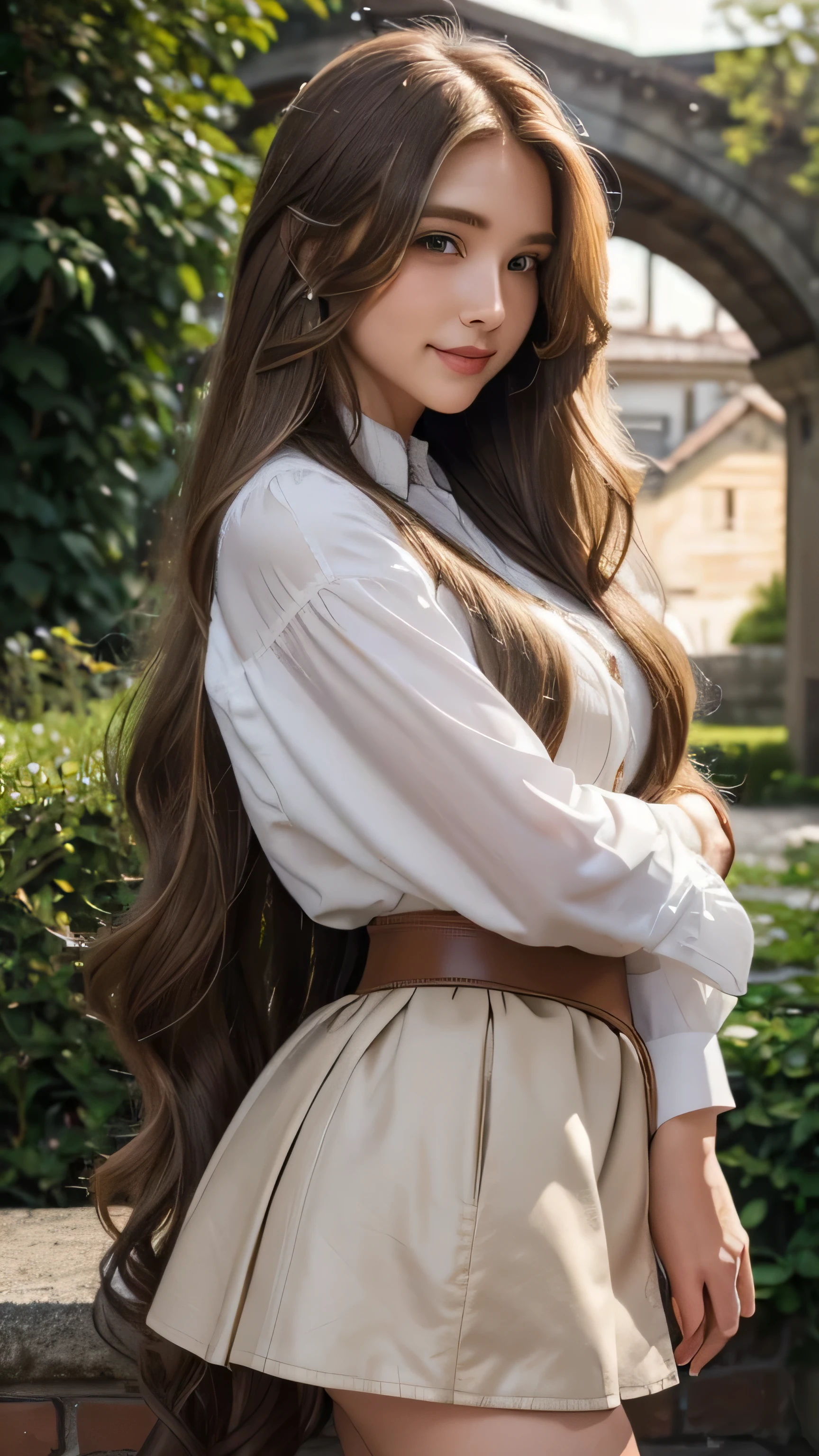 Blonde long-haired woman, Iris, moon, Noble, Lady, high quality, Very detailed, Detailed face, masterpiece, city, garden, Flowers, Light、Super long brown hair,Hair with loose waves inside,Long hair_Hair reaching down to the waist、western shirt_leather mini skirt,shy smile、Place your left hand gently on your chin