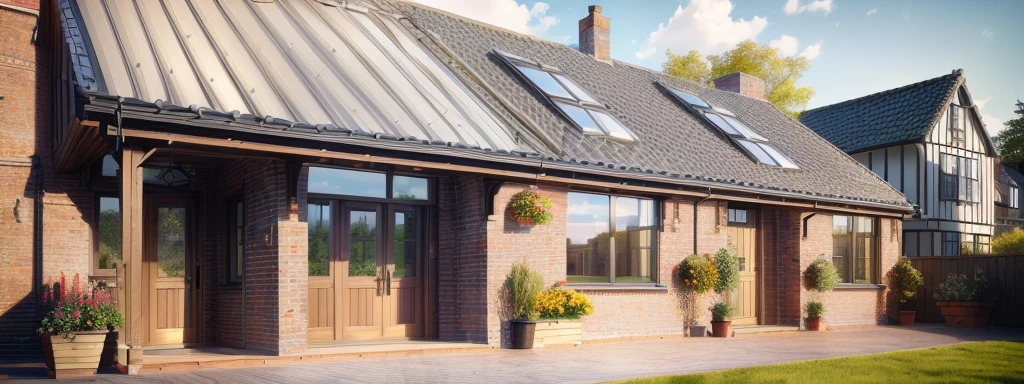 a depiction of a house with a gable roof, highly rendered, 3/4 View realistic, architectural visualization, 3D-Rendering, rendered 3D model, 3-D-Rendering, red Brickwall. traditional black standing seam roof,. Sunny Sky and a flowery garden in front In front of the house there is a garden with flowers. left and right part Brickwall. Netherlands. Bauhaus. White faccade.