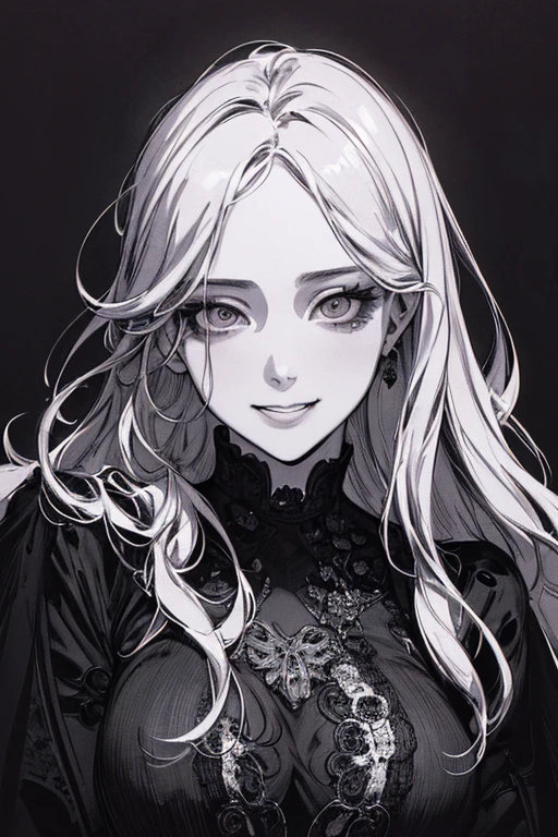 masterpiece、８K、Highest quality, (Background details), High Contrast, Very beautiful woman, Detailed original illustration、functional、Delicate face、Charm、Villainess、sexy、Real breasts、Crazy Smile, Crazy Eyes,  Head close-up, Black background, (Black background: 1.5), Beautiful line art、Monochrome