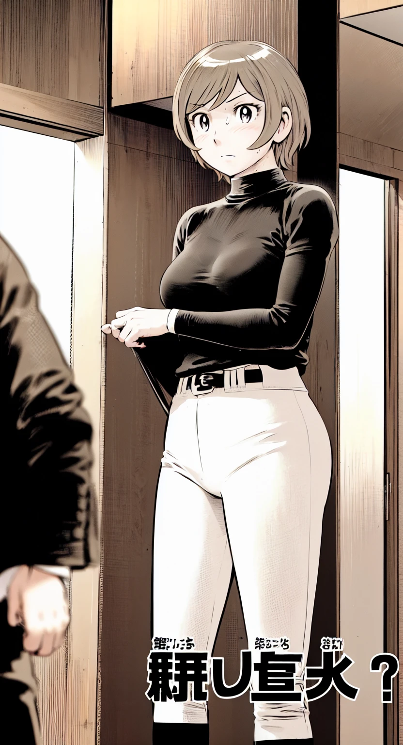 (野球uniform:1.2),
Blonde Hair, (short hair:1.2),Long sleeve, Black Shirt, turtleneck,White trousers、uniform、Black belt、((Illustration of people))、Big Boobs、
View Audience,, (Highest quality:1.3),One Girl, White pants、uniform、indoor、baseball 、White wall、blue eyes、Tight black shirt、(masterpiece、Highest quality)、Highest quality, Ultra-high resolution, (((masterpiece))), alone, Sweat、Big eyes、Big Breasts、One Girl, Front view、Embarrassed face、Bronze colored hair、((short hair))、Stand up straight、Cowboy Shot
