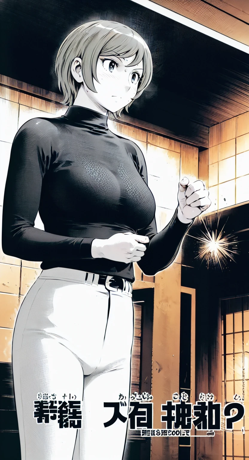 (野球uniform:1.2),
Blonde Hair, (short hair:1.2),Long sleeve, Black Shirt, turtleneck,White trousers、uniform、Black belt、((Illustration of people))、Big Boobs、
View Audience,, (Highest quality:1.3),One Girl, White pants、uniform、indoor、baseball 、White wall、blue eyes、Tight black shirt、(masterpiece、Highest quality)、Highest quality, Ultra-high resolution, (((masterpiece))), alone, Sweat、Big eyes、Big Breasts、One Girl, Front view、Embarrassed face、Bronze colored hair、((short hair))、Stand up straight、Cowboy Shot