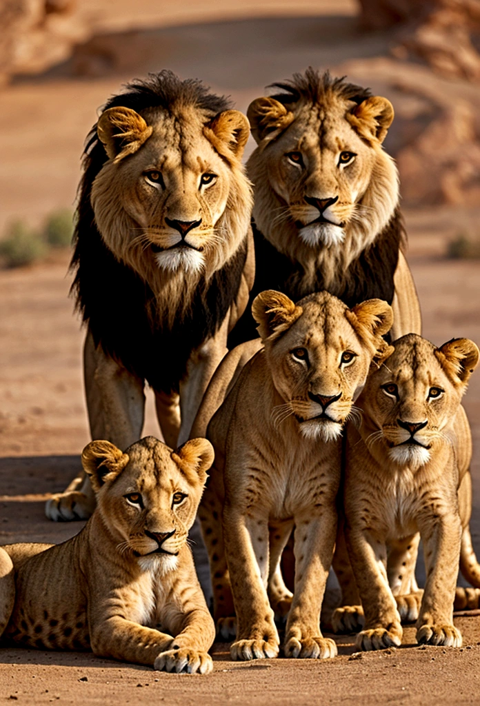 ((main part)),(((better quality))),((ultra detailed)),Lion family, three lion cubs and a lioness