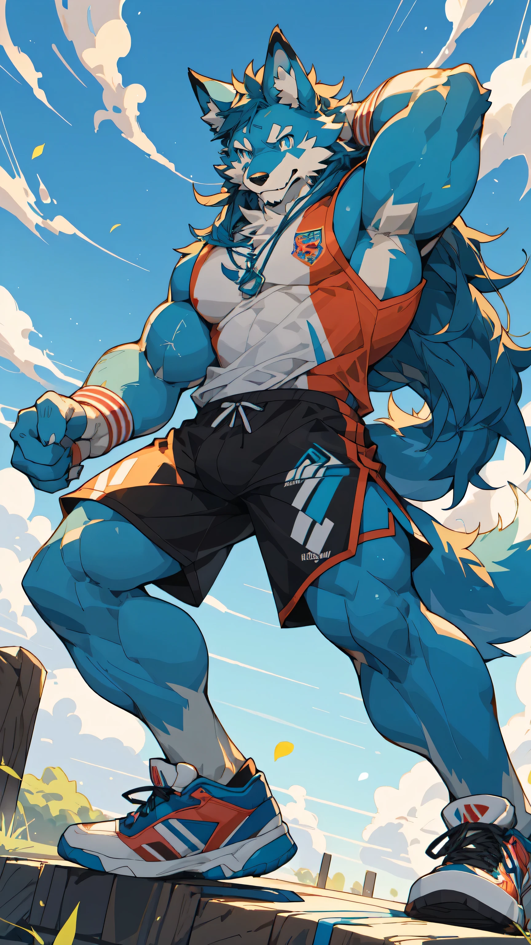 Sunlight,high resolution,4K,love,(((whole body))),masterpiece,high quality,Brave and bold,((Wolf)),male,((Strike a pose:1.5)),WolfFurry,(Middle-aged uncle),hairy,((charming,Smiling Face,Long hair)),((peaceful,Ease)),((Strong,tall and big:1.3,thin long ears:1.2,Well-proportioned limbs:1.3,Wolf Tail:1.3,Meat pad)),(((Red and black sports shorts,Blue sneakers))),(((Green ears,Dark blue head,dark blue back,Dark blue limbs,White breast,White belly,Blue pupils))),charming face,AttentiontoDetail,Detailed body,Detailed hands