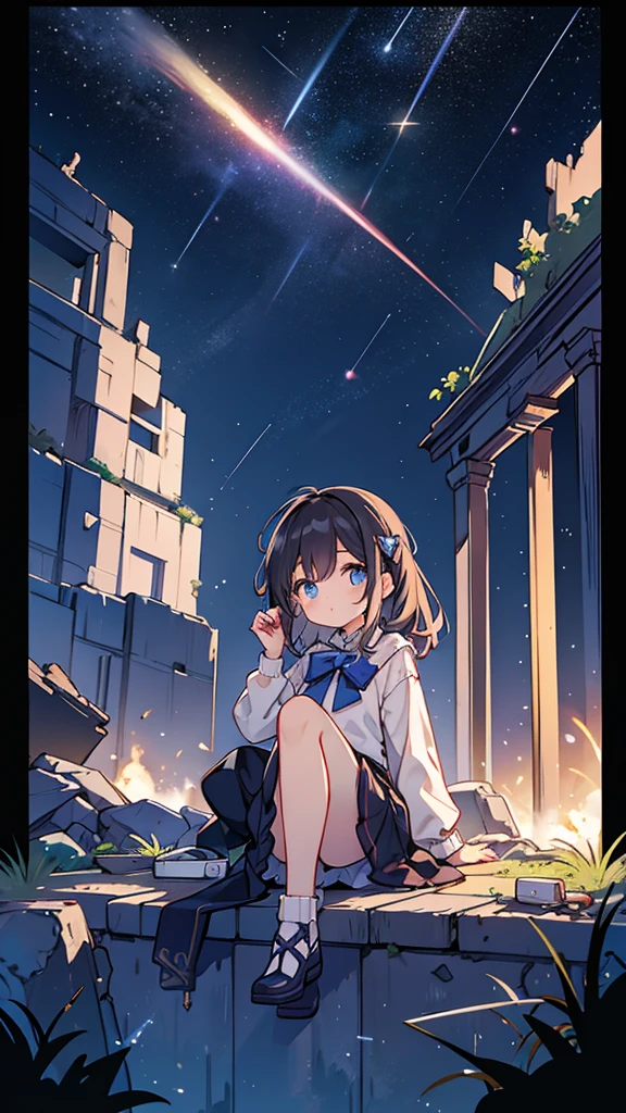 girl、Night Sky、shooting star、ruins、Sitting、Larger background、Screen is dark、