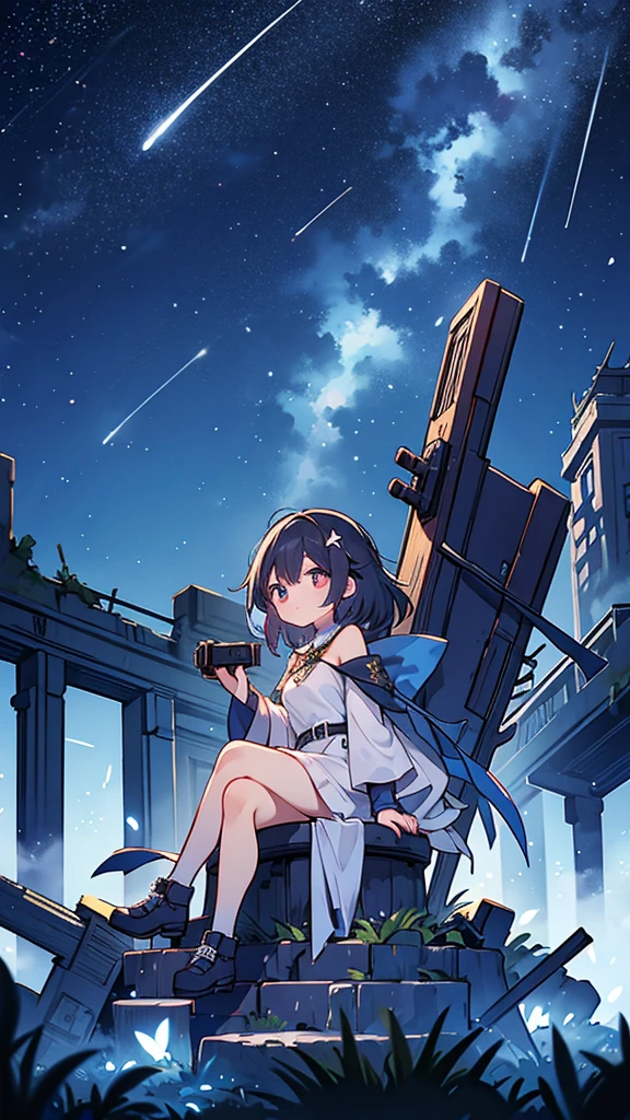 girl、Night Sky、shooting star、ruins、Sitting、Larger background、Screen is dark、