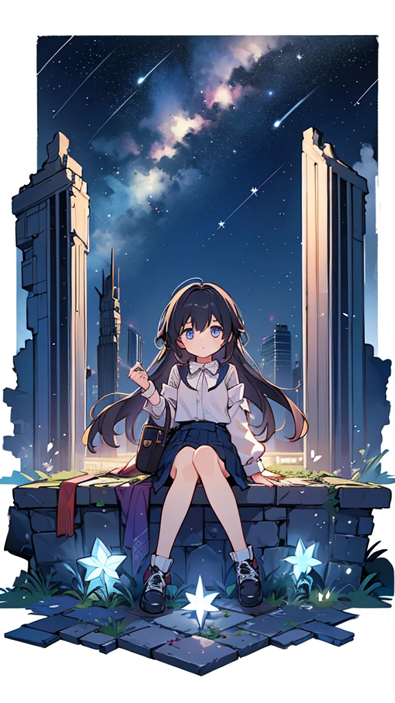 girl、Night Sky、shooting star、ruins、Sitting、Larger background、Screen is dark、