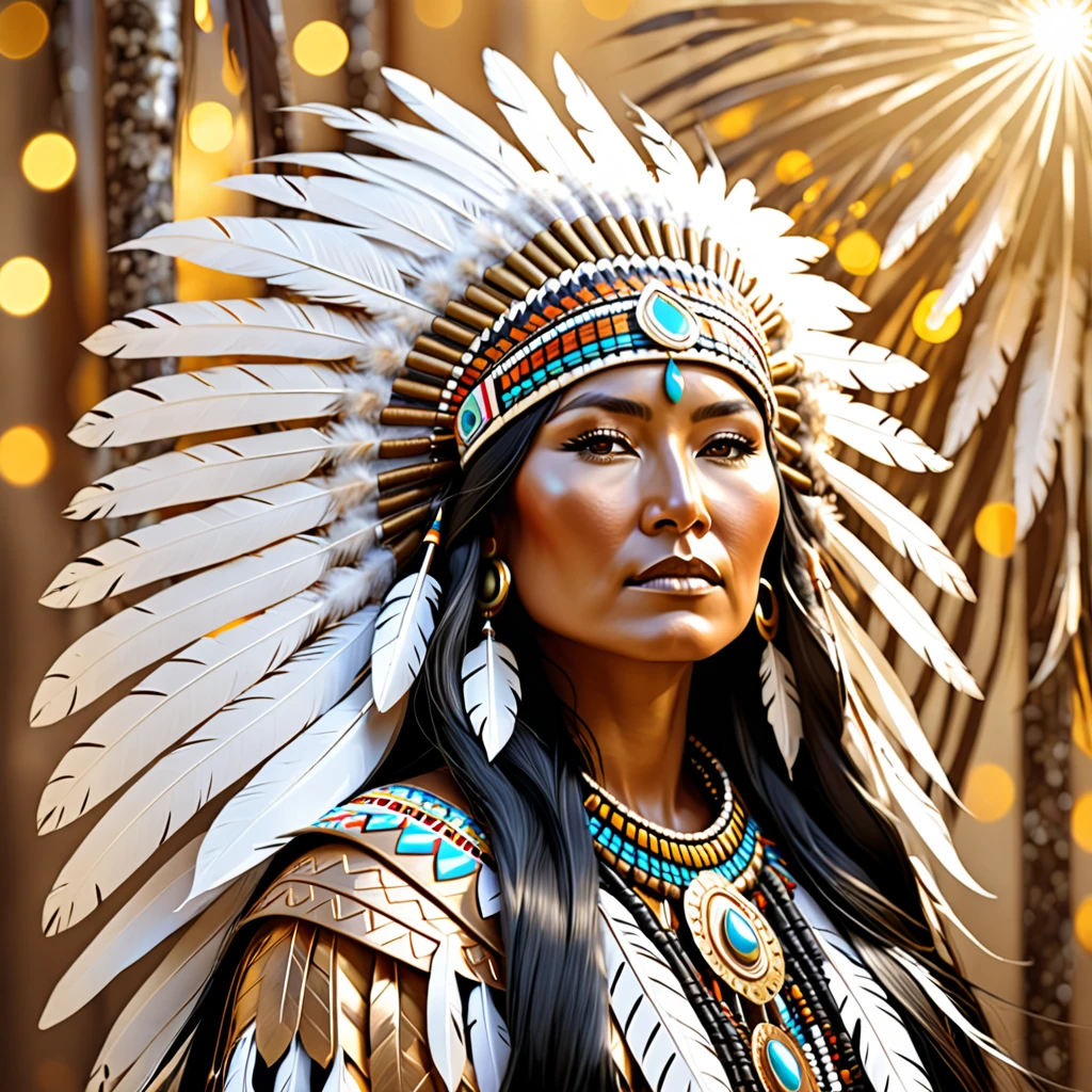 abstract 3D Native Navaho woman Chief with long black hair, shiny bronze white foliage and golden white feathers incorporated, sparkling light emitting, light background