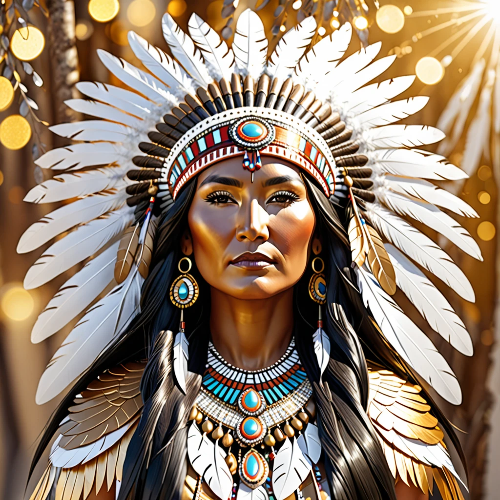 abstract 3D Native Navaho woman Chief with long black hair, shiny bronze white foliage and golden white feathers incorporated, sparkling light emitting, light background