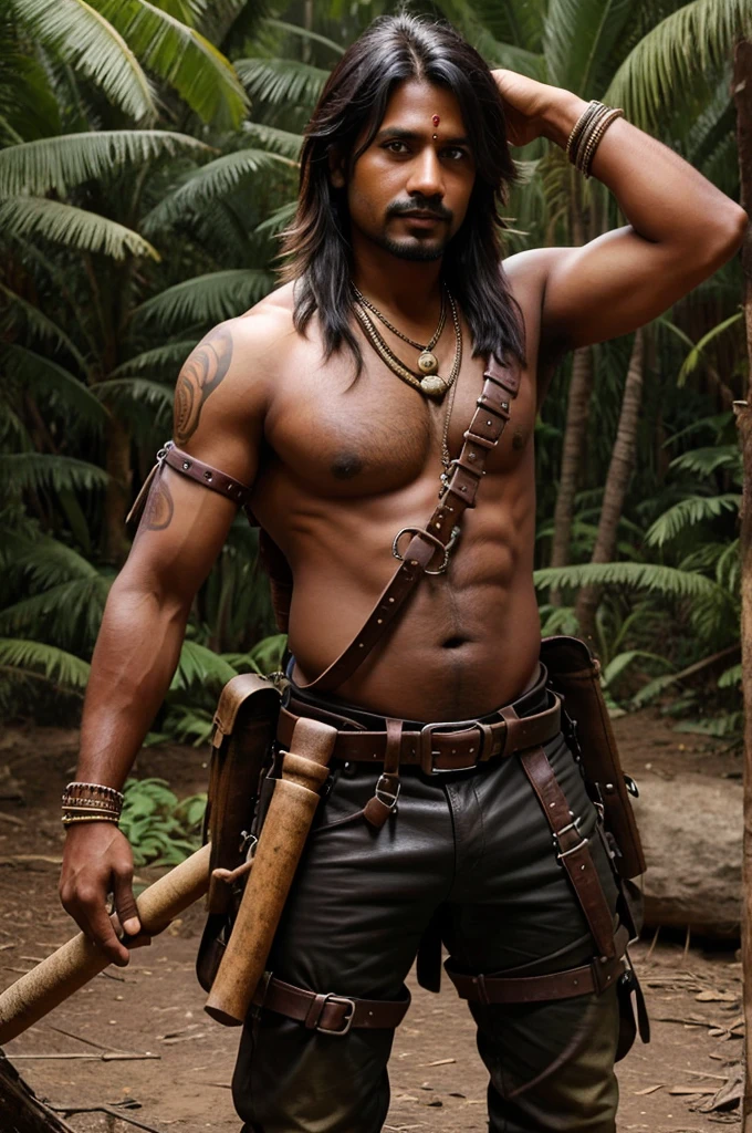 He is toll smart treasure hunter Indian age 32 and with survival tools leather treasure hunter shart