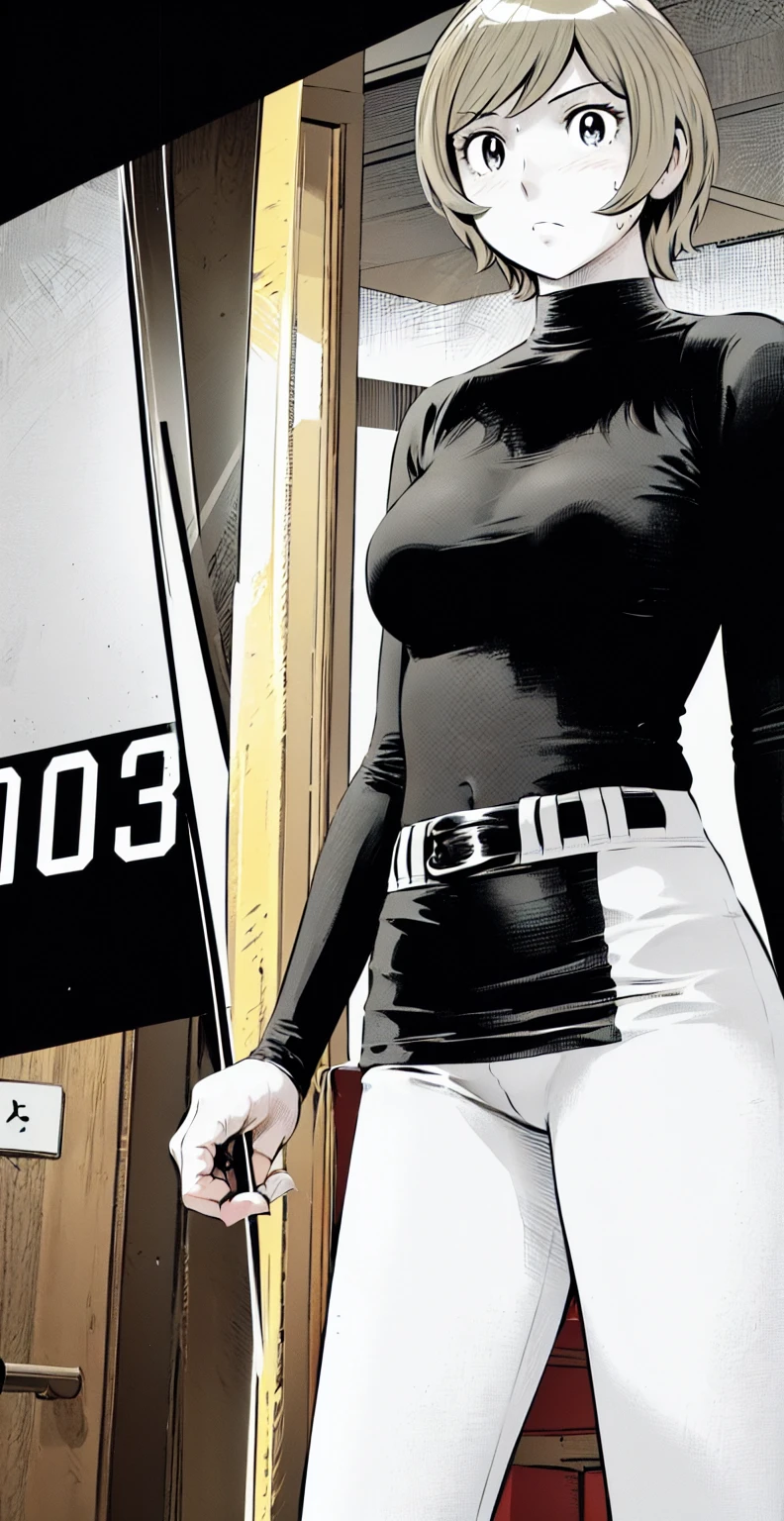(野球uniform:1.2),
Blonde Hair, (short hair:1.2),Long sleeve, Black Shirt, turtleneck,White trousers、uniform、Black belt、((Illustration of people))、Big 、
View Audience,, (Highest quality:1.3),One Girl, White pants、uniform、indoor、baseball 、White wall、blue eyes、Tight black shirt、(masterpiece、Highest quality)、Highest quality, Ultra-high resolution, (((masterpiece))), alone, Sweat、Big eyes、Big Breasts、One Girl, Front view、Embarrassed face、Bronze colored hair、((short hair))、Stand up straight、Cowboy Shot