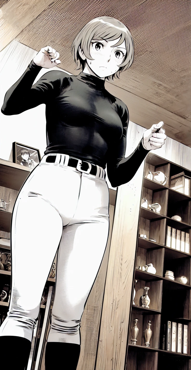 (野球uniform:1.2),
Blonde Hair, (short hair:1.2),Long sleeve, Black Shirt, turtleneck,White trousers、uniform、Black belt、((Illustration of people))、Big 、
View Audience,, (Highest quality:1.3),One Girl, White pants、uniform、indoor、baseball 、White wall、blue eyes、Tight black shirt、(masterpiece、Highest quality)、Highest quality, Ultra-high resolution, (((masterpiece))), alone, Sweat、Big eyes、Big Breasts、One Girl, Front view、Embarrassed face、Bronze colored hair、((short hair))、Stand up straight、Cowboy Shot