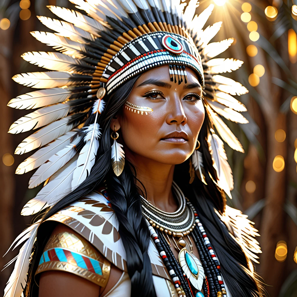 a stunning 3D portrait of a native Navaho woman chief, detailed face with long flowing black hair, shiny bronze white foliage and golden white feathers incorporated, sparkling light emitting from the figure, light ethereal background, intricate detailed futuristic indigenous digital art, cinematic lighting, 8k, photorealistic, hyperrealistic, hyper detailed, masterpiece