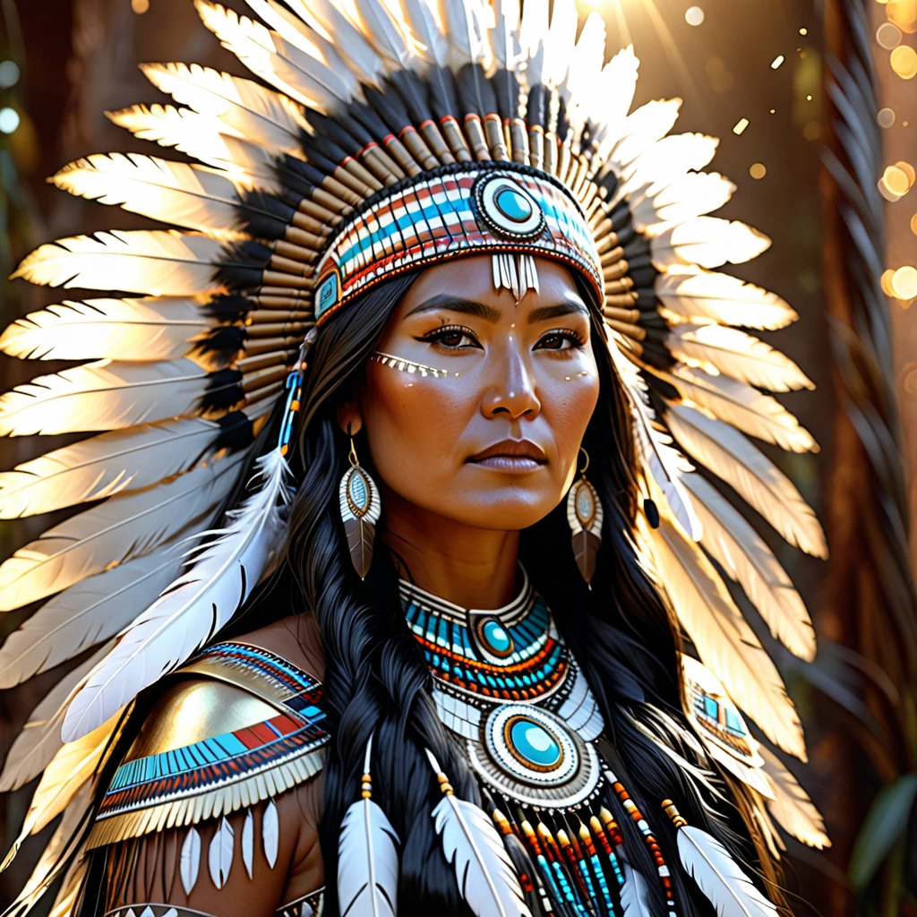 a stunning 3D portrait of a native Navaho woman chief, detailed face with long flowing black hair, shiny bronze white foliage and golden white feathers incorporated, sparkling light emitting from the figure, light ethereal background, intricate detailed futuristic indigenous digital art, cinematic lighting, 8k, photorealistic, hyperrealistic, hyper detailed, masterpiece