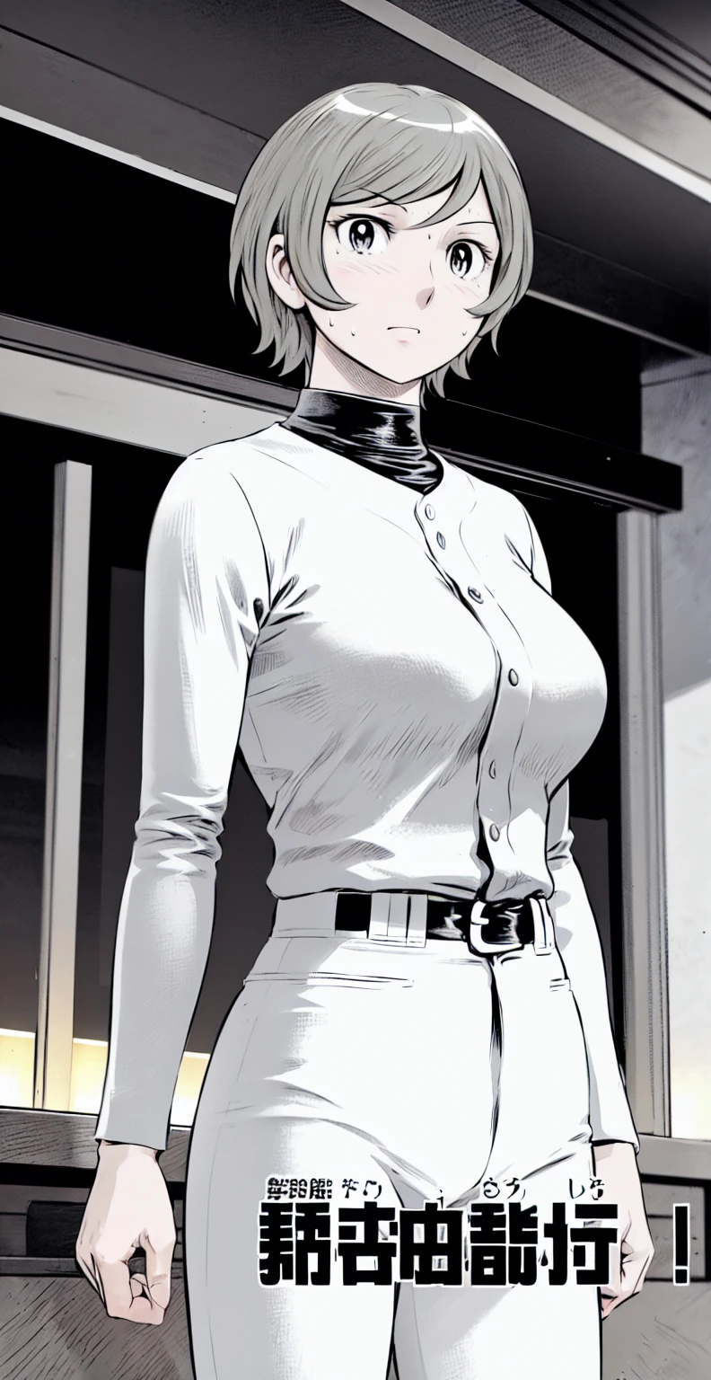 (野球uniform:1.2),
Blonde Hair, (short hair:1.2),Long sleeve, Black Shirt, turtleneck,White trousers、uniform、Black belt、((Illustration of people))、Big Boobs、
View Audience,, (Highest quality:1.3),One Girl, White pants、uniform、indoor、baseball 、White wall、blue eyes、Tight black shirt、(masterpiece、Highest quality)、Highest quality, Ultra-high resolution, (((masterpiece))), alone, Sweat、Big eyes、Big Breasts、One Girl, Front view、Embarrassed face、Bronze colored hair、((short hair))、Stand up straight、Cowboy Shot