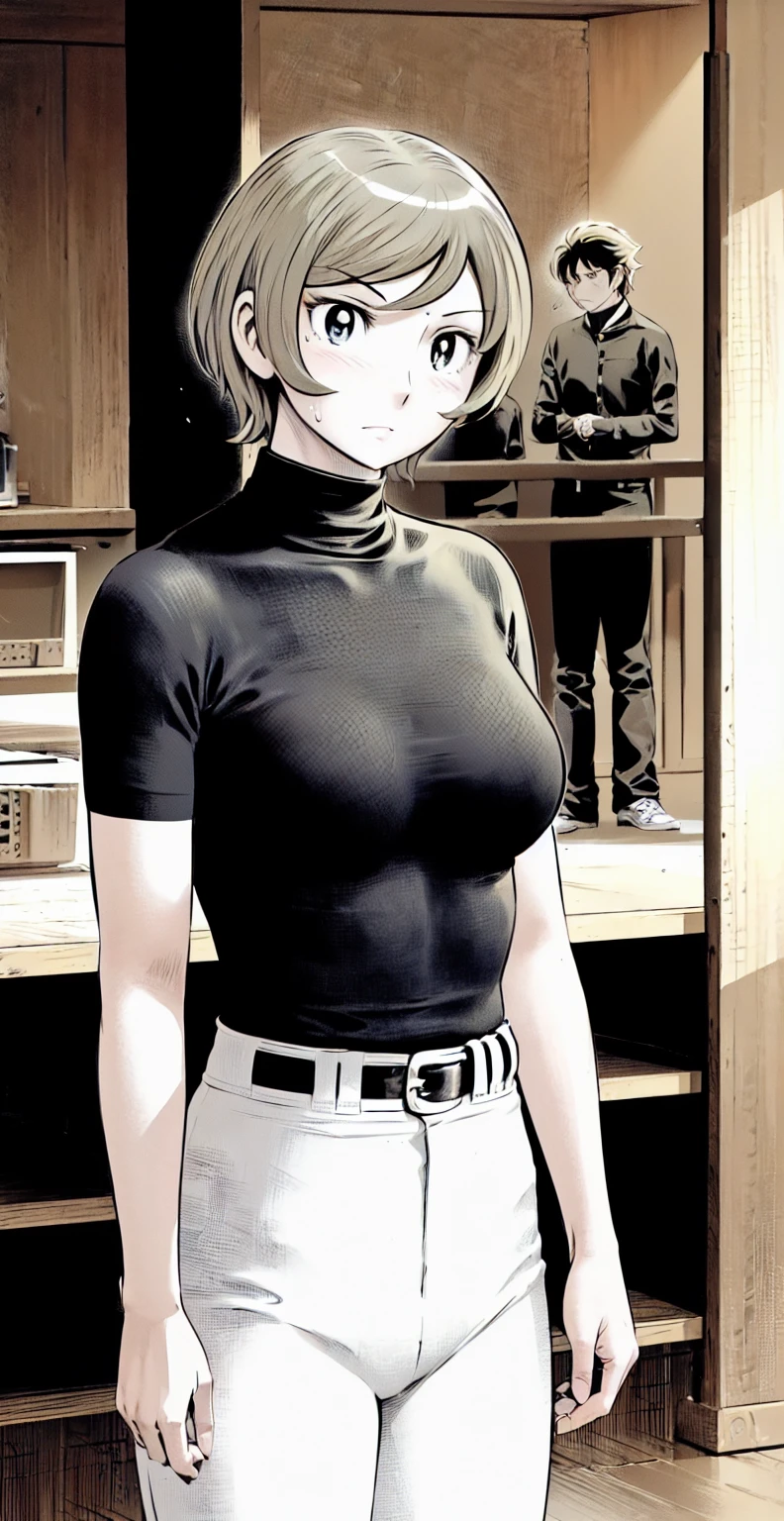(野球uniform:1.2),
Blonde Hair, (short hair:1.2),Long sleeve, Black Shirt, turtleneck,White trousers、uniform、Black belt、((Illustration of people))、Big Boobs、
View Audience,, (Highest quality:1.3),One Girl, White pants、uniform、indoor、baseball 、White wall、blue eyes、Tight black shirt、(masterpiece、Highest quality)、Highest quality, Ultra-high resolution, (((masterpiece))), alone, Sweat、Big eyes、Big Breasts、One Girl, Front view、Embarrassed face、Bronze colored hair、((short hair))、Stand up straight、Cowboy Shot