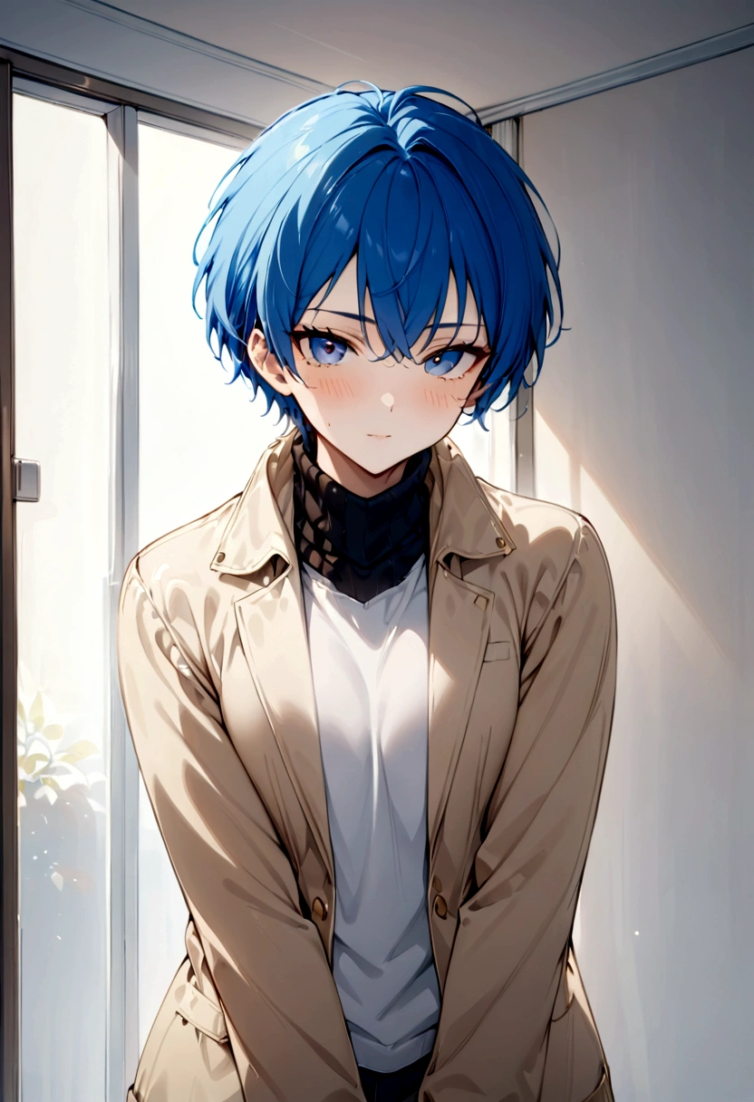 (masterpiece, best quality:1.2), 30 years old、White background、black、turtleneck、White clothes、Blue Hair、blue eyes、whole body、White background、male、Short Hair、Front facing、hmm、Jacket、カーゴパhmmツFront facing、