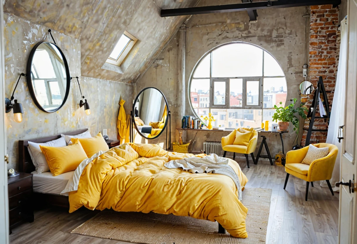 there is a bed with a yellow comforter and a chair in a room, round mirror on the wall, bedroom interior, natural light in room, interior of room, picture of a loft in morning, warm interior, stylish decor, inside of a bedroom, bright daylight indoor photo, an interior of room, brightly lit room, bedroom background, personal room background