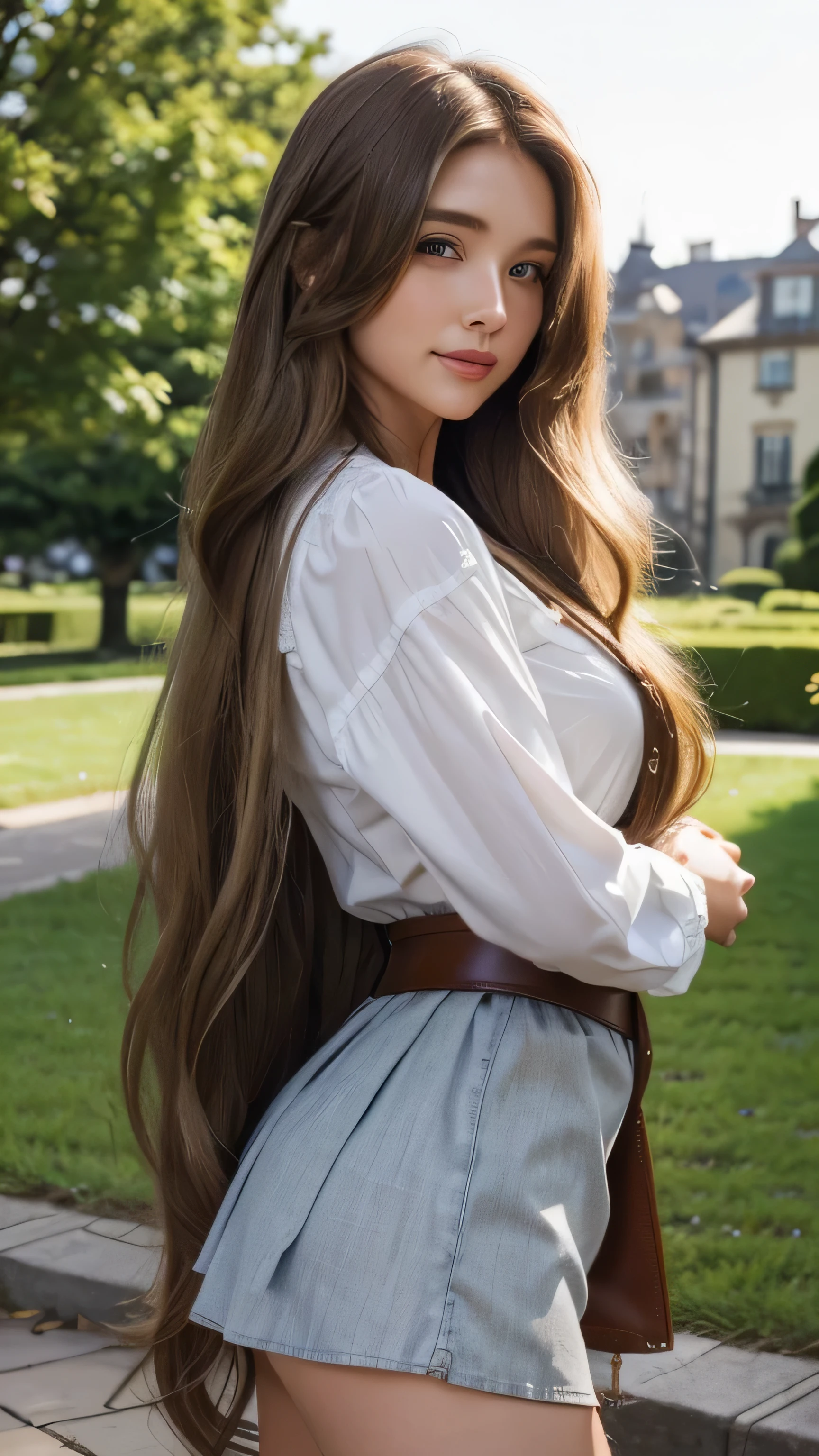 Blonde long-haired woman, Iris, moon, Noble, Lady, high quality, Very detailed, Detailed face, masterpiece, city, garden, Flowers, Light、Super long brown hair,Hair with loose waves inside,Long hair_Hair reaching down to the waist、western shirt_leather mini skirt,shy smile、Place your left hand gently on your chin