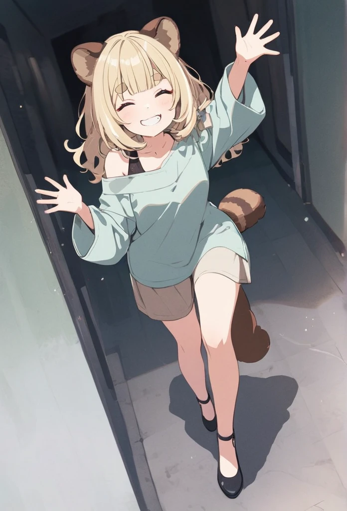 anime,(pale colors:1.8),long shot, adult lady, solo, (on right:1.3), full body, solo, grin, smile, closed eyes, dynamic angle, walking, waving hands, fang, light yellow hair, racoon ears, racoon tail, (brown streaked hair:1.3), side braid, (blunt bangs), wavy hair,thick eyebrows, off shoulder clothes, cutout, heart background, 