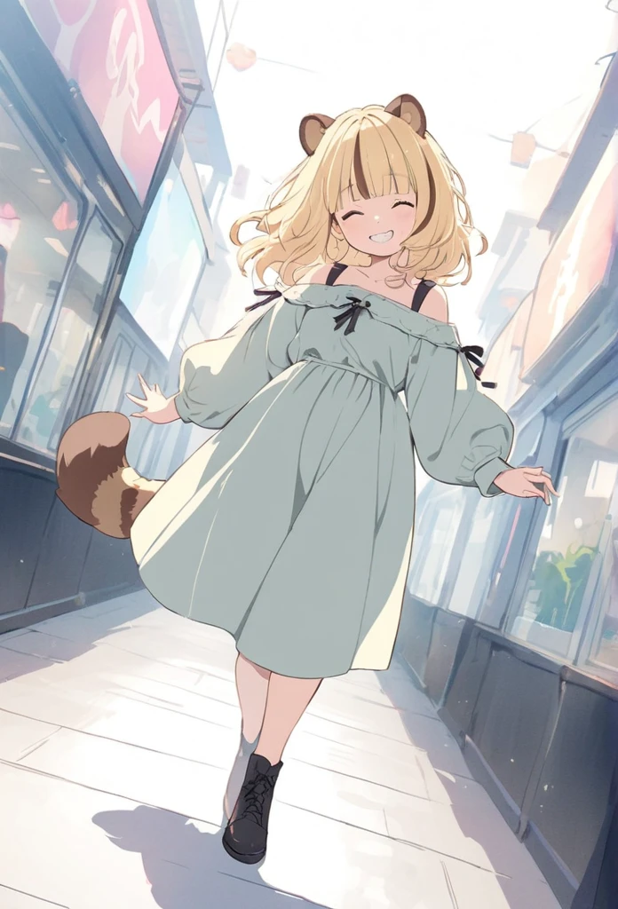 anime,(pale colors:1.8),long shot, adult lady, solo, (on right:1.3), full body, solo, grin, smile, closed eyes, dynamic angle, walking, waving hands, fang, light yellow hair, racoon ears, racoon tail, (brown streaked hair:1.3), side braid, (blunt bangs), wavy hair,thick eyebrows, off shoulder clothes, cutout, heart background,