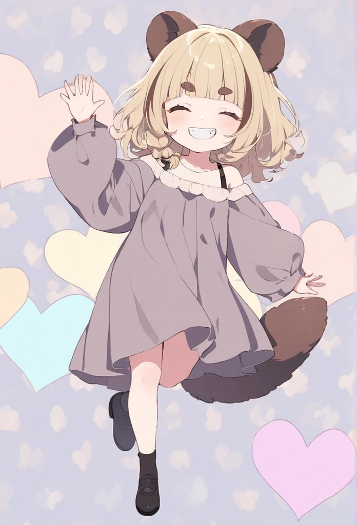 anime,(pale colors:1.8),long shot, adult lady, solo, (on right:1.3), full body, solo, grin, smile, closed eyes, dynamic angle, walking, waving hands, fang, light yellow hair, racoon ears, racoon tail, (brown streaked hair:1.3), side braid, (blunt bangs), wavy hair,thick eyebrows, off shoulder clothes, cutout, heart background, 