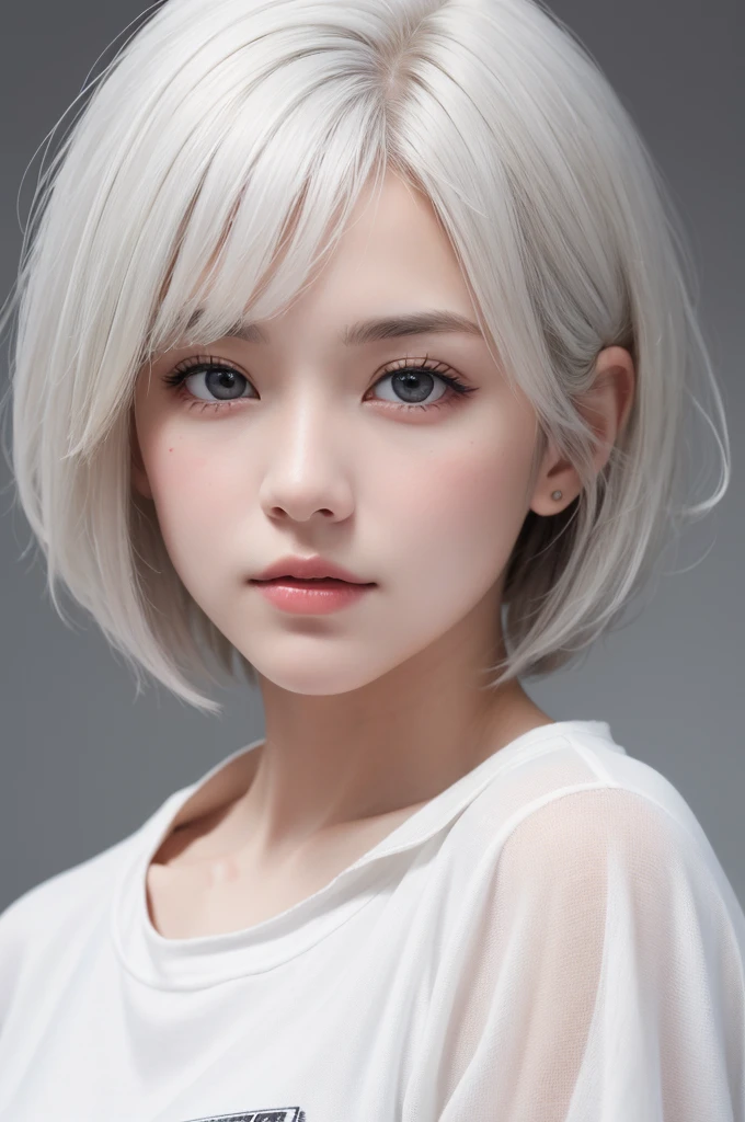 Highest quality、masterpiece、超High resolution、(Realistic:1.3)、RAW Photos、(One girl), Beautiful Face, (Realistic Face), (White Hair、short hair:1.3), Beautiful Hairstyles, Realistic eyes, Beautiful fine details, (Realistic Skin), Beautiful Skin, (shirt), Confused, charm, 超High resolution, Ultra-realistic, High resolution, Golden Ratio、Mr.々Background