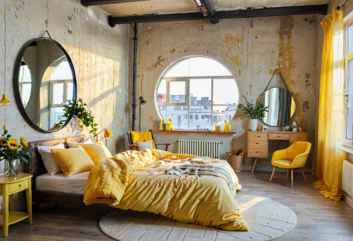 there is a bed with a yellow comforter and a chair in a room, round mirror on the wall, bedroom interior, natural light in room, interior of room, picture of a loft in morning, warm interior, stylish decor, inside of a bedroom, bright daylight indoor photo, an interior of room, brightly lit room, bedroom background, personal room background