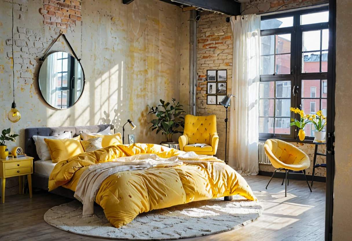 there is a bed with a yellow comforter and a chair in a room, round mirror on the wall, bedroom interior, natural light in room, interior of room, picture of a loft in morning, warm interior, stylish decor, inside of a bedroom, bright daylight indoor photo, an interior of room, brightly lit room, bedroom background, personal room background