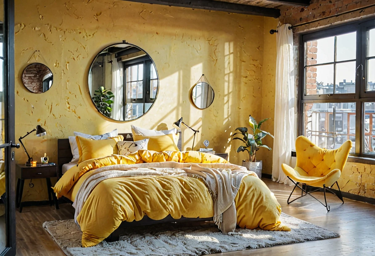 there is a bed with a yellow comforter and a chair in a room, round mirror on the wall, bedroom interior, natural light in room, interior of room, picture of a loft in morning, warm interior, stylish decor, inside of a bedroom, bright daylight indoor photo, an interior of room, brightly lit room, bedroom background, personal room background