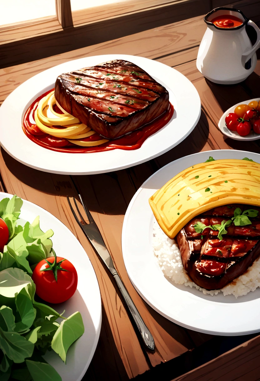 A 4K image of a perfectly prepared steak parmigiana dish. The fillet is covered with a generous layer of melted cheese, slightly gratin, and a rich, vibrant tomato sauce. The steak is served on a white ceramic plate with elegant edges. Next to the fillet, there is a portion of loose white rice and a fresh green salad, cherry tomatoes and red onion slices. Light is natural, coming from a side window, highlighting the vibrant textures and colors of food. The rustic wooden table on which the dish is placed adds a warm, homey touch to the scene..