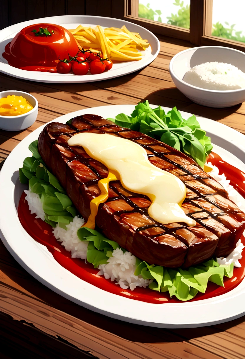 A 4K image of a perfectly prepared steak parmigiana dish. The fillet is covered with a generous layer of melted cheese, slightly gratin, and a rich, vibrant tomato sauce. The steak is served on a white ceramic plate with elegant edges. Next to the fillet, there is a portion of loose white rice and a fresh green salad, cherry tomatoes and red onion slices. Light is natural, coming from a side window, highlighting the vibrant textures and colors of food. The rustic wooden table on which the dish is placed adds a warm, homey touch to the scene..