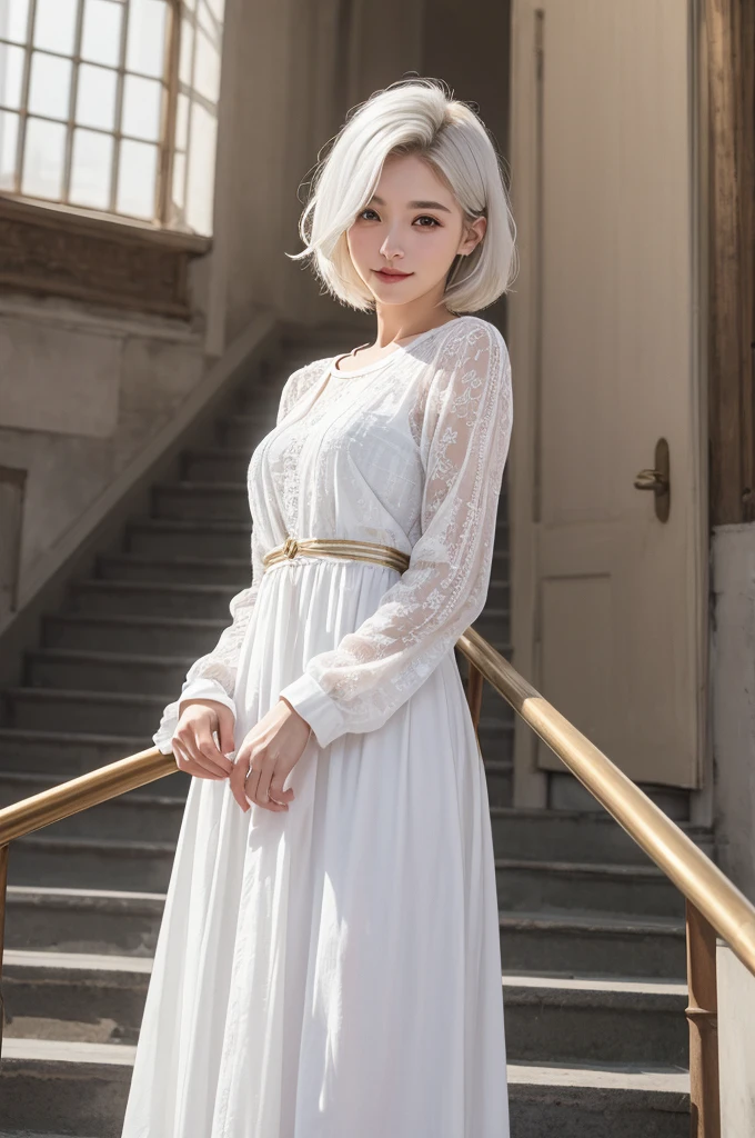 Highest quality、masterpiece、超High resolution、(whole body,Realistic:1.3)、RAW Photos、(One girl,Small breasts), Beautiful Face, (Realistic Face,Detailed facial expressions,smile), (White Hair、short hair:1.3), Beautiful Hairstyles, Realistic eyes, Beautiful fine details, (Realistic Skin), Beautiful Skin, (Long dress with long sleeves,Stylish trendy fashion), Confused, charm, 超High resolution, Ultra-realistic, High resolution, Golden Ratio、Standing on the stairs,European cityscape,Mr.々Posing,Shooting from below,